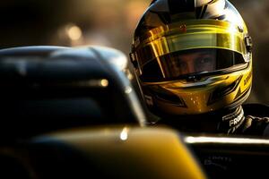 Racing car driver wearing helmet for competition photo