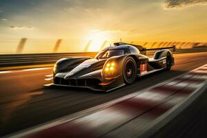 a racing car running at high speed on a race track photo