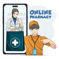 Online Pharmacy Services. Male courier delivers medications with female doctor in headscarf. Medical shopping concept, fast delivery. Vector illustration pro download