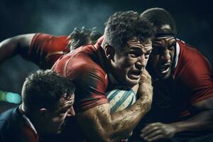 Male rugby players competing on the rugby field photo