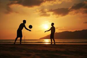 masculino playa vóleibol jugadores jugar un vóleibol partido en el playa foto