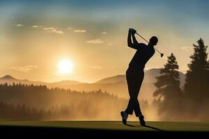 a golfer hitting his golf ball in the sunlight at golf green photo