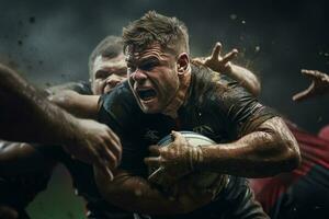 Male rugby players competing on the rugby field photo