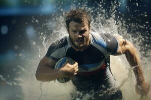 Male rugby players competing on the rugby field photo