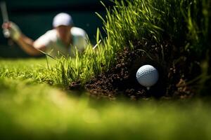 un persona poniendo en un golf pelota dentro el agujero en el tiempo de día en un borroso antecedentes foto