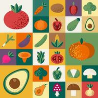 Abstract geometric pattern with various vegetables in Bauhaus style. Retro grid background. Vintage multicolor mosaic tile with geometric shapes. Texture for textile, cover, web design, menu. vector