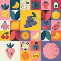 Abstract geometric pattern with various fruits in Bauhaus style. Retro grid background. Vintage multicolor mosaic tile with geometric shapes. Texture for textile, cover, web design, menu, restaurant. vector