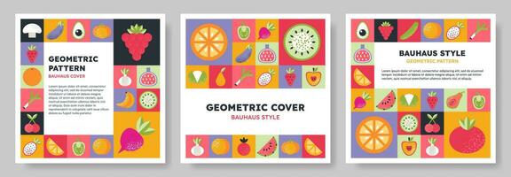 Set of isolated Abstract geometric pattern background in Bauhaus style with various frits, berries, vegetables. Colorful vector design template for cover, brochure, banner, menu. Retro illustration.