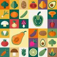 Abstract geometric pattern with various vegetables in Bauhaus style. Retro grid background. Vintage multicolor mosaic tile with geometric shapes. Texture for textile, cover, web design, menu. vector