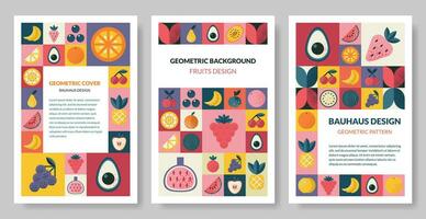 Set of vertical abstract geometric pattern background in Bauhaus style with various fruits and berries. isolated vector design templates for cover, poster, brochure, banner, menu. Retro illustration