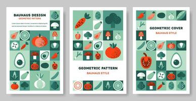 Set of isolated Abstract geometric pattern background in Bauhaus style with various vegetables. Colorful vector design template for cover, poster, brochure, banner, menu. Vertical retro illustration.