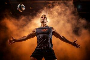 Male volleyball players are competing on the indoor volleyball court photo