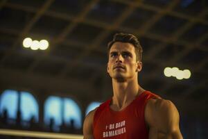 Male volleyball players are competing on the indoor volleyball court photo