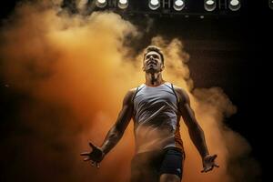 Male volleyball players are competing on the indoor volleyball court photo