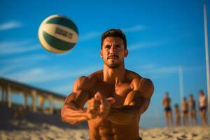 Male beach volleyball players play a volleyball match on the beach photo