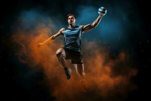 Male volleyball players are competing on the indoor volleyball court photo