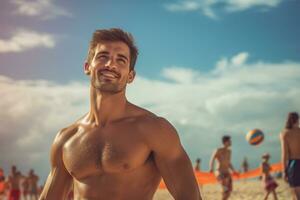 Male beach volleyball players play a volleyball match on the beach photo