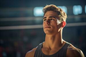 Male volleyball players are competing on the indoor volleyball court photo