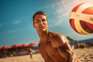 Male beach volleyball players play a volleyball match on the beach photo