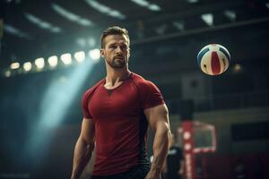 Male volleyball players are competing on the indoor volleyball court photo