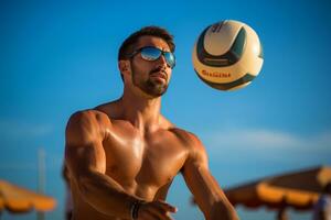 Male beach volleyball players play a volleyball match on the beach photo