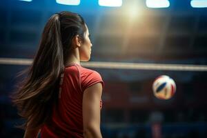 Female volleyball players are competing on the indoor volleyball court photo