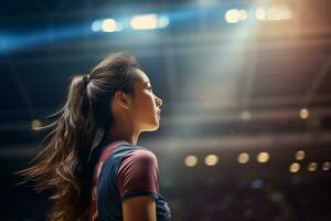 Female volleyball players are competing on the indoor volleyball court photo