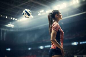 Female volleyball players are competing on the indoor volleyball court photo