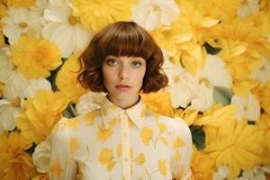 a beautiful lady with flowers standing in front of a brightly colored wall photo