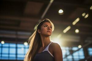 Female volleyball players are competing on the indoor volleyball court photo