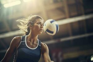 Female volleyball players are competing on the indoor volleyball court photo