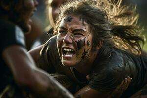 Female rugby players competing on the rugby field photo