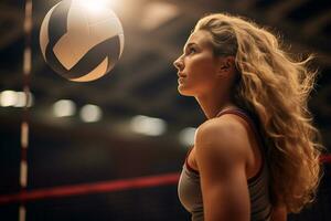 Female volleyball players are competing on the indoor volleyball court photo