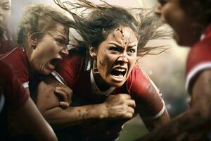 Female rugby players competing on the rugby field photo