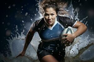 Female rugby players competing on the rugby field photo