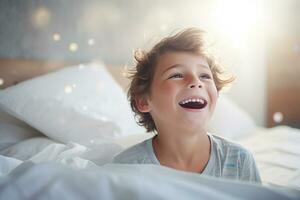 A boy happily wakes up in white bedroom photo