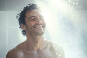 Smiling man taking a shower in a white bathroom photo