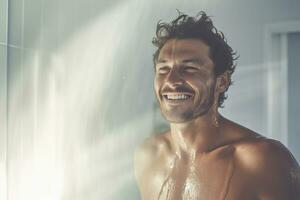 Smiling man taking a shower in a white bathroom photo