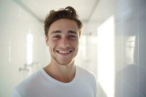 Smiling man taking a shower in a white bathroom photo