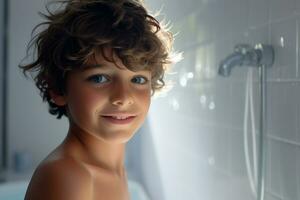 sonriente chico tomando un ducha en un blanco baño foto