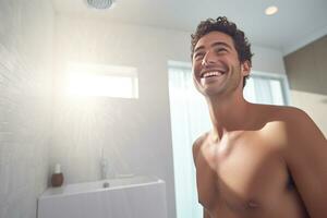 Smiling man taking a shower in a white bathroom photo