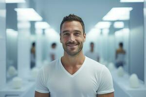 Smiling man taking a shower in a white bathroom photo
