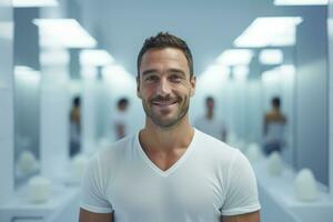 sonriente hombre tomando un ducha en un blanco baño foto