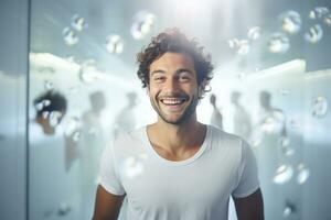 sonriente hombre tomando un ducha en un blanco baño foto