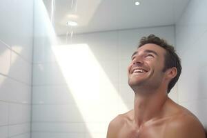 Smiling man taking a shower in a white bathroom photo