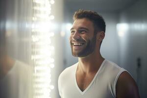 Smiling man taking a shower in a white bathroom photo