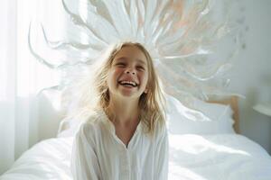 smiling girl with the mirror in the bedroom white photo