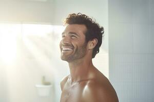 Smiling man taking a shower in a white bathroom photo