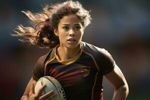 Female rugby players competing on the rugby field photo