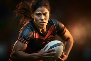 Female rugby players competing on the rugby field photo